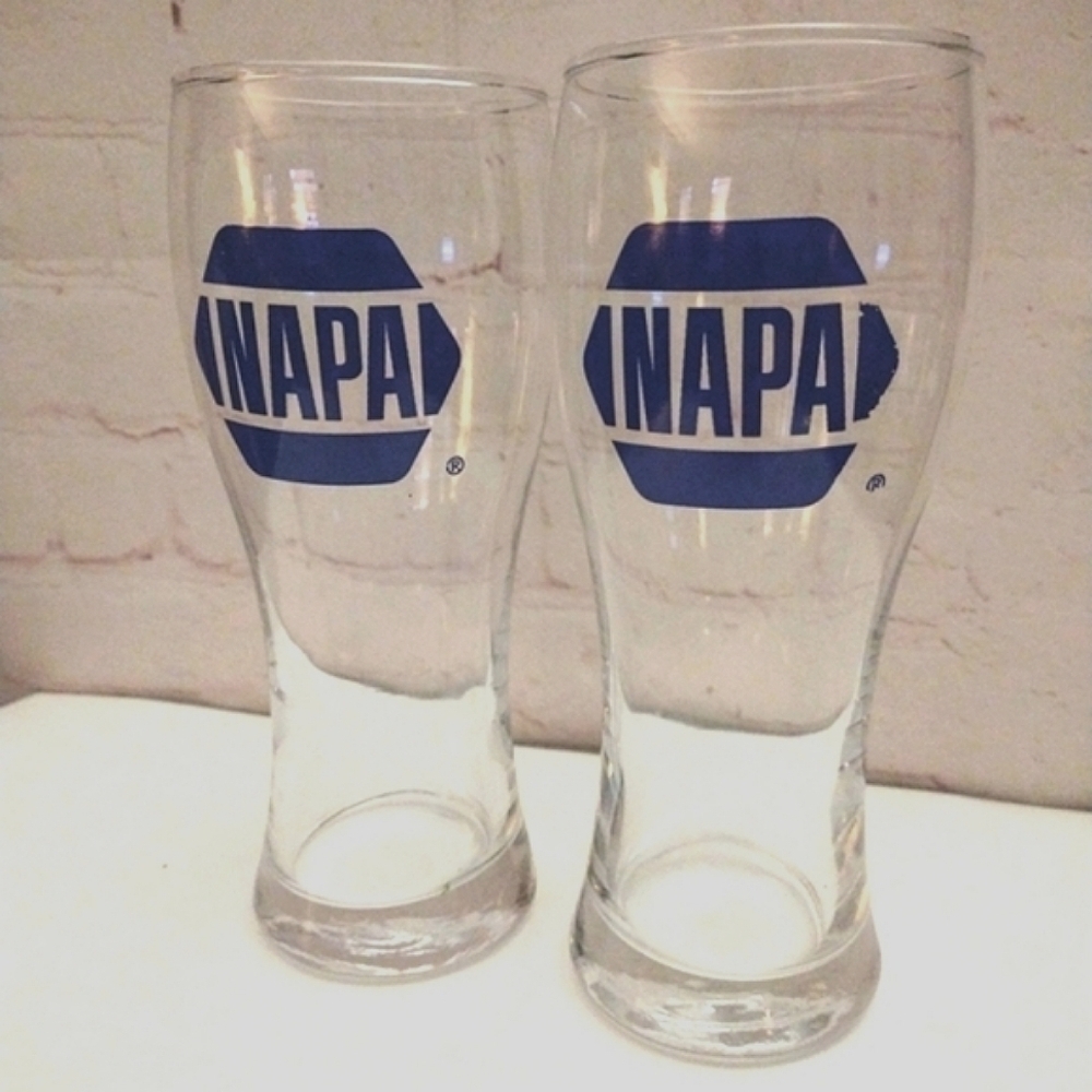 Pair Of VTG 1970s NAPA Auto Parts Pilsner Beer Glasses Navy Blue Logo 16oz